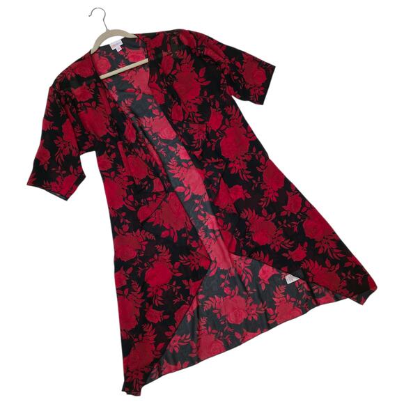 LuLaRoe Shirley Kimono Small Roses Red Black Floral Chiffon Long Duster Coverup - Picture 7 of 9